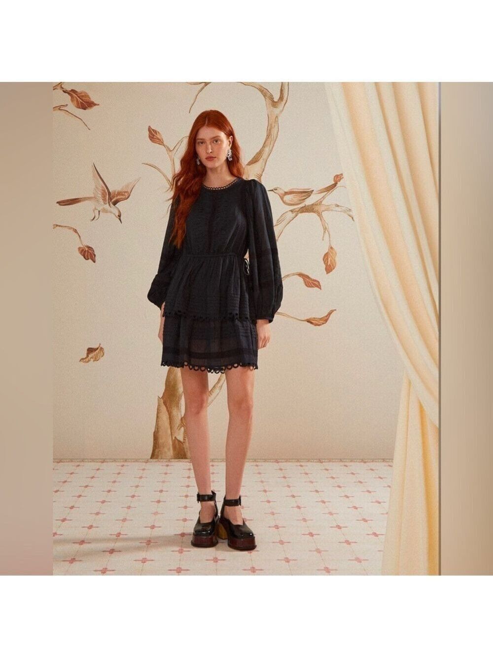 Farm Rio Black Lace Long Sleeve Mini Dress